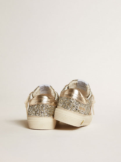 May Young in platinum glitter with metallic leather star and heel tab - Golden Goose Kids