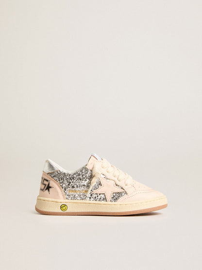Young Ball Star in glitter with silver metallic leather heel tab - Golden Goose Kids