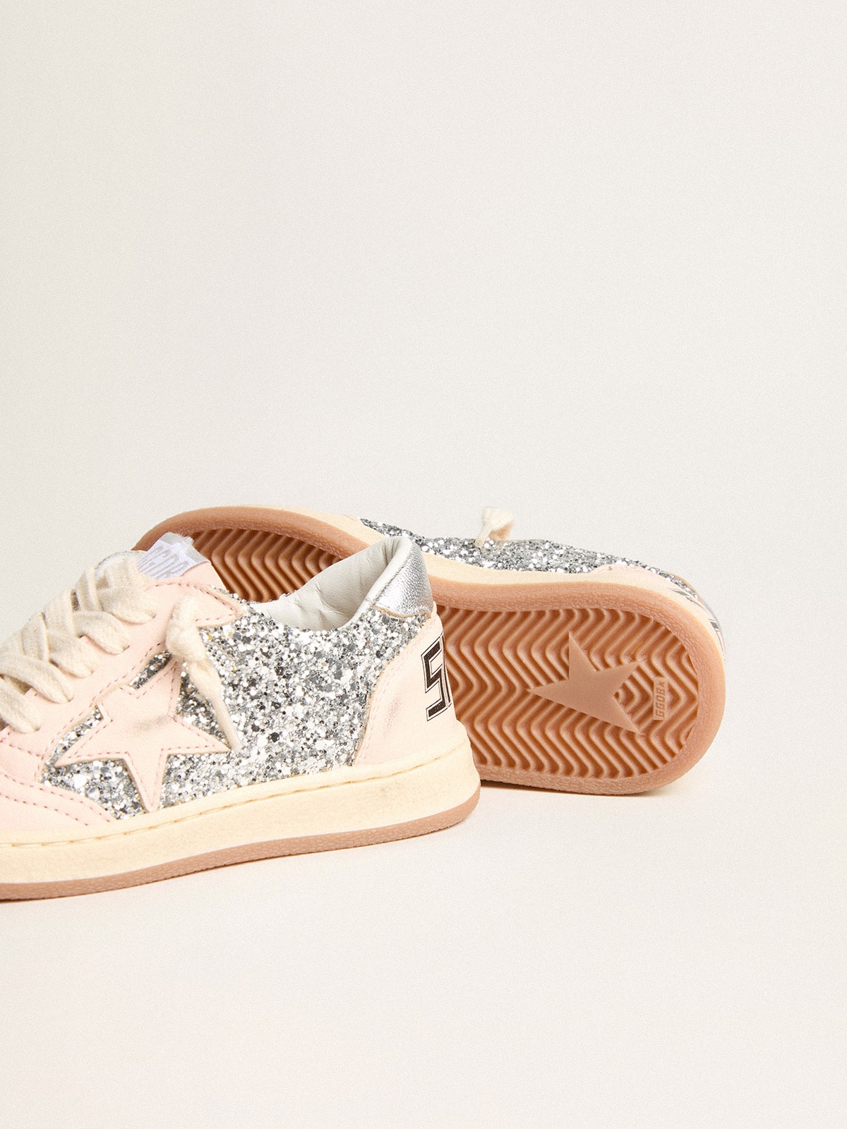 Young Ball Star in glitter with silver metallic leather heel tab - Golden Goose Kids