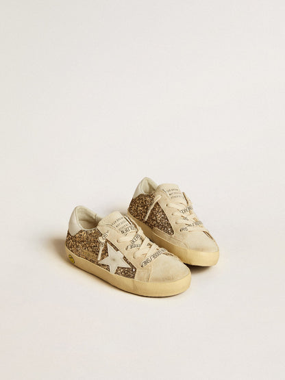 Super-Star Young in gold glitter with white leather star and heel tab - Golden Goose Kids