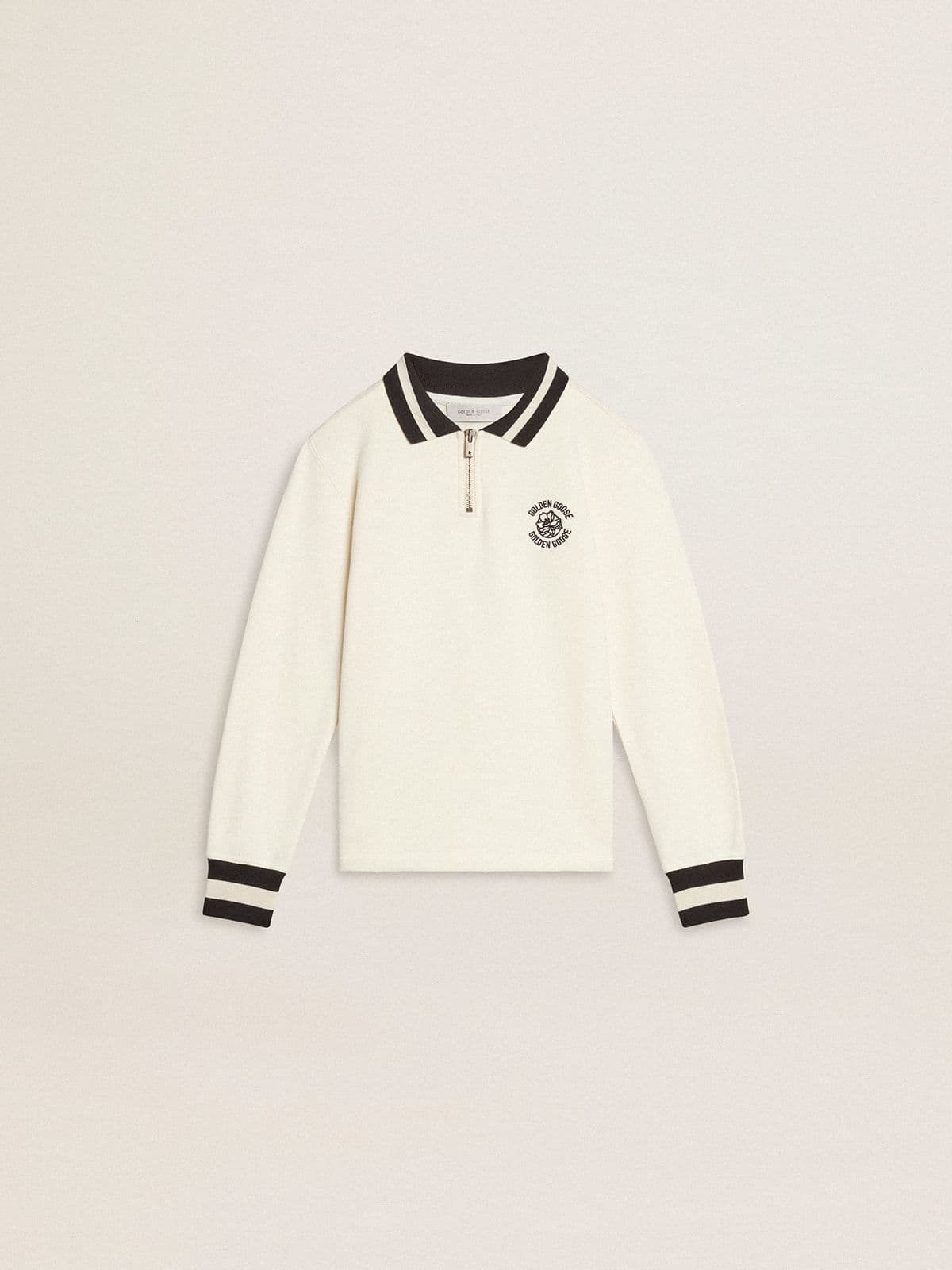 Kids white cotton polo sweatshirt with embroidery on the chest and print on the back - Golden Goose Kids