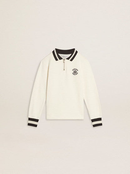 Kids white cotton polo sweatshirt with embroidery on the chest and print on the back - Golden Goose Kids