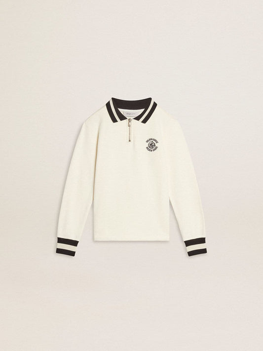 Kids white cotton polo sweatshirt with embroidery on the chest and print on the back - Golden Goose Kids