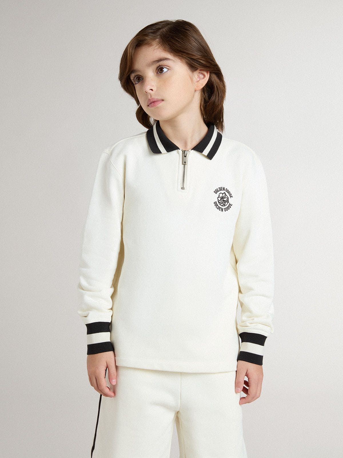 Kids white cotton polo sweatshirt with embroidery on the chest and print on the back - Golden Goose Kids