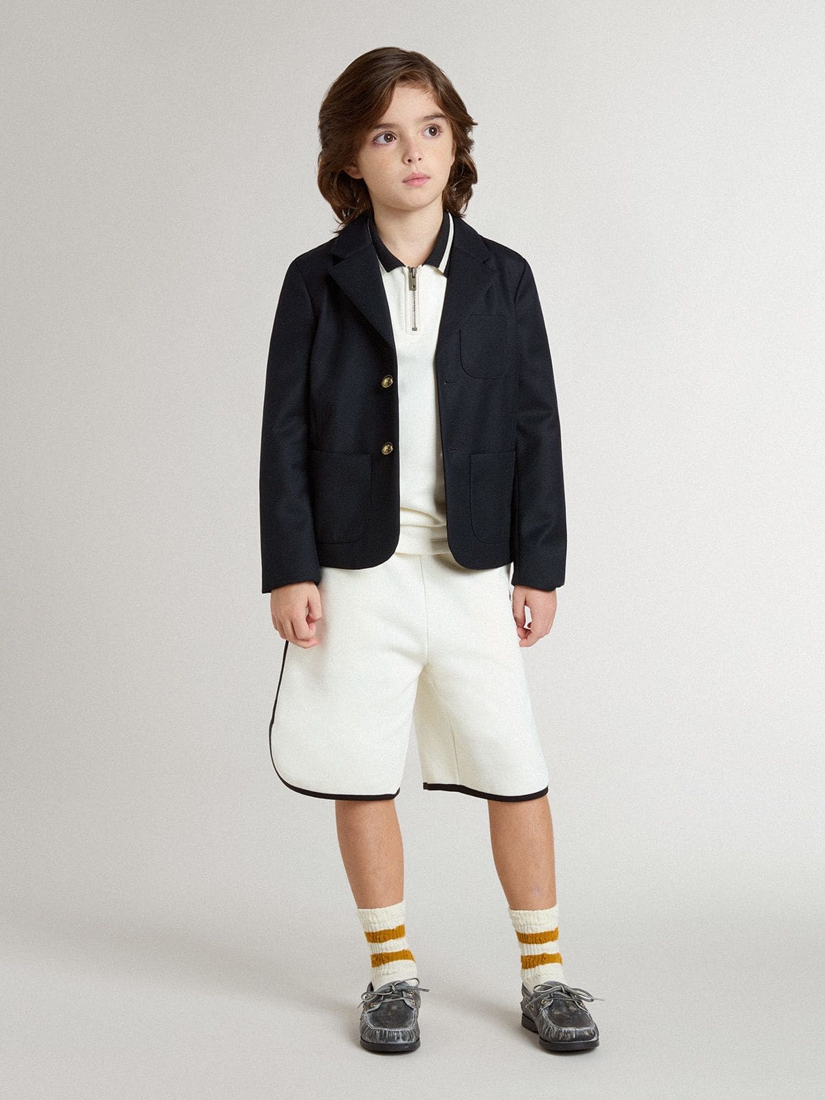 Kids white cotton polo sweatshirt with embroidery on the chest and print on the back - Golden Goose Kids