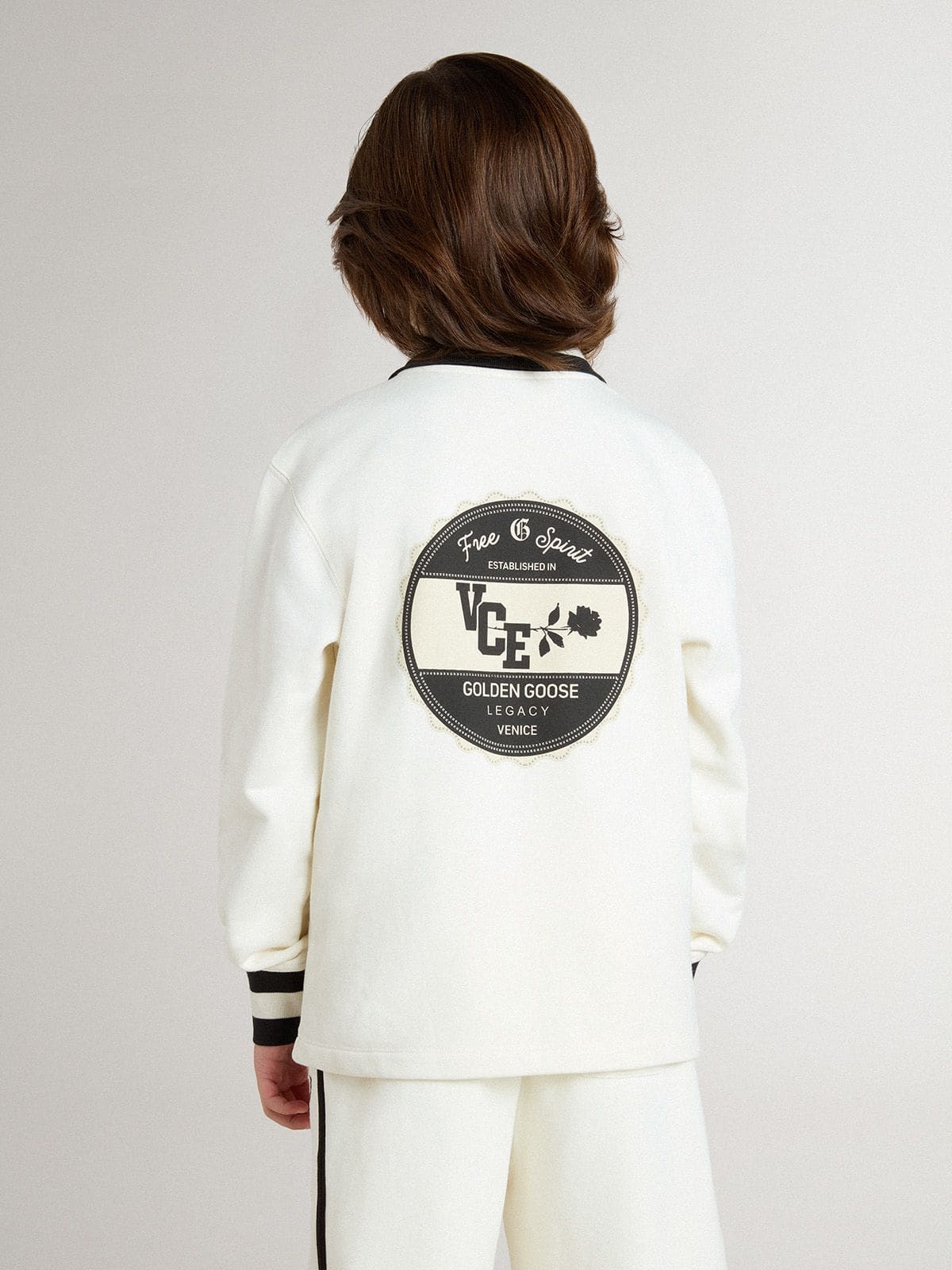 Kids white cotton polo sweatshirt with embroidery on the chest and print on the back - Golden Goose Kids