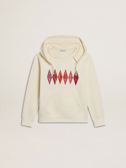 Hooded sweatshirt in worn white with Golden embroidery on the front - Golden Goose Kids