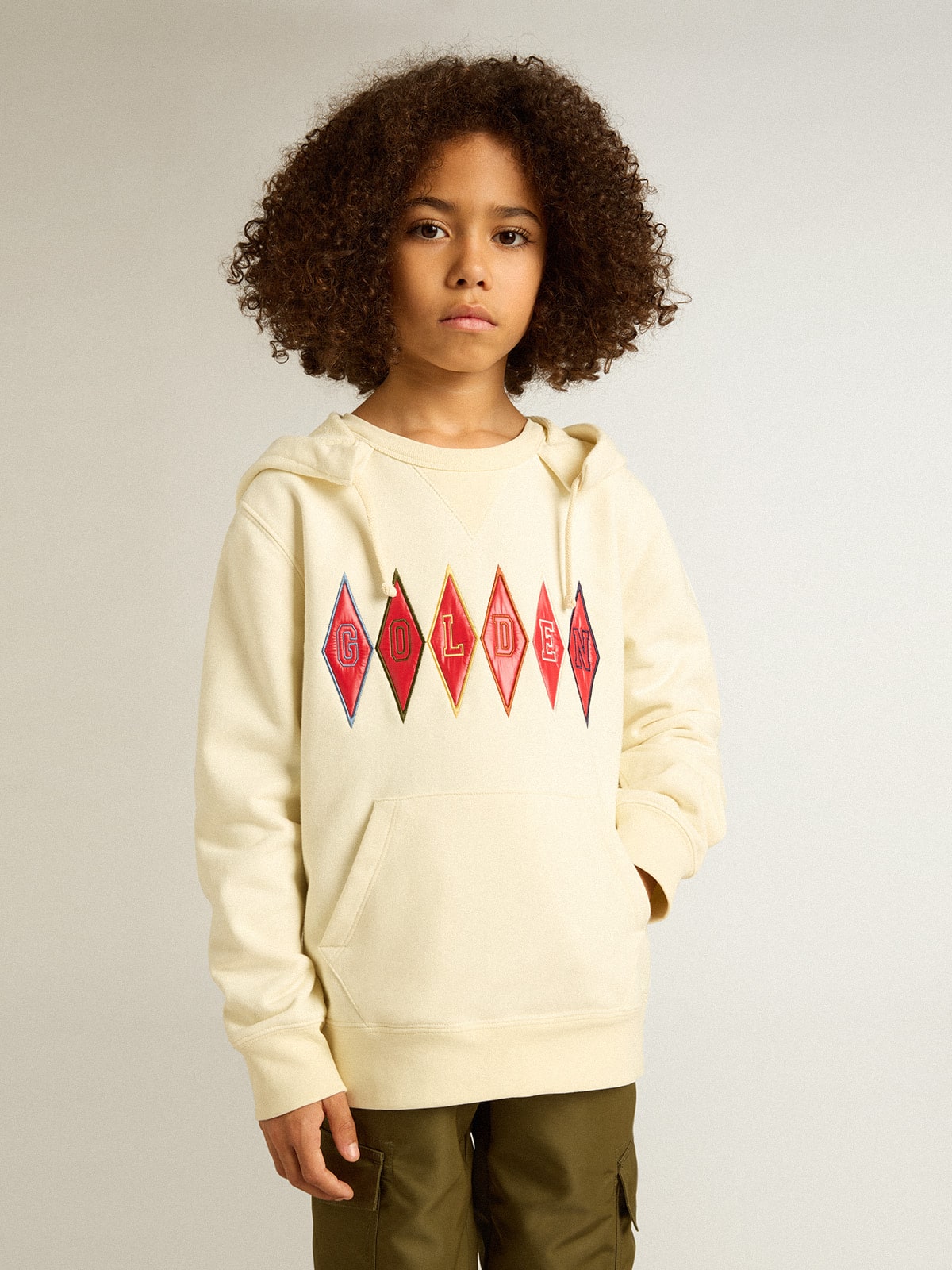 Hooded sweatshirt in worn white with Golden embroidery on the front - Golden Goose Kids