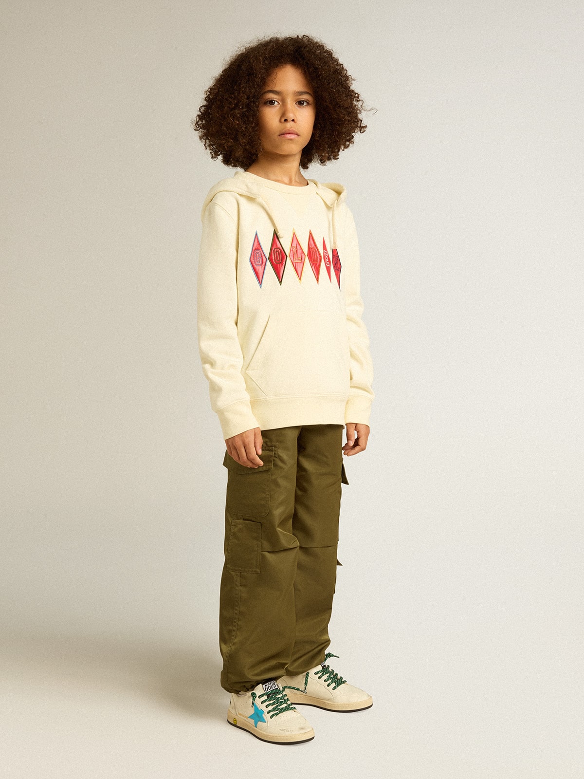 Hooded sweatshirt in worn white with Golden embroidery on the front - Golden Goose Kids