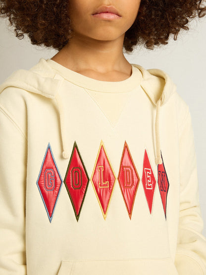 Hooded sweatshirt in worn white with Golden embroidery on the front - Golden Goose Kids