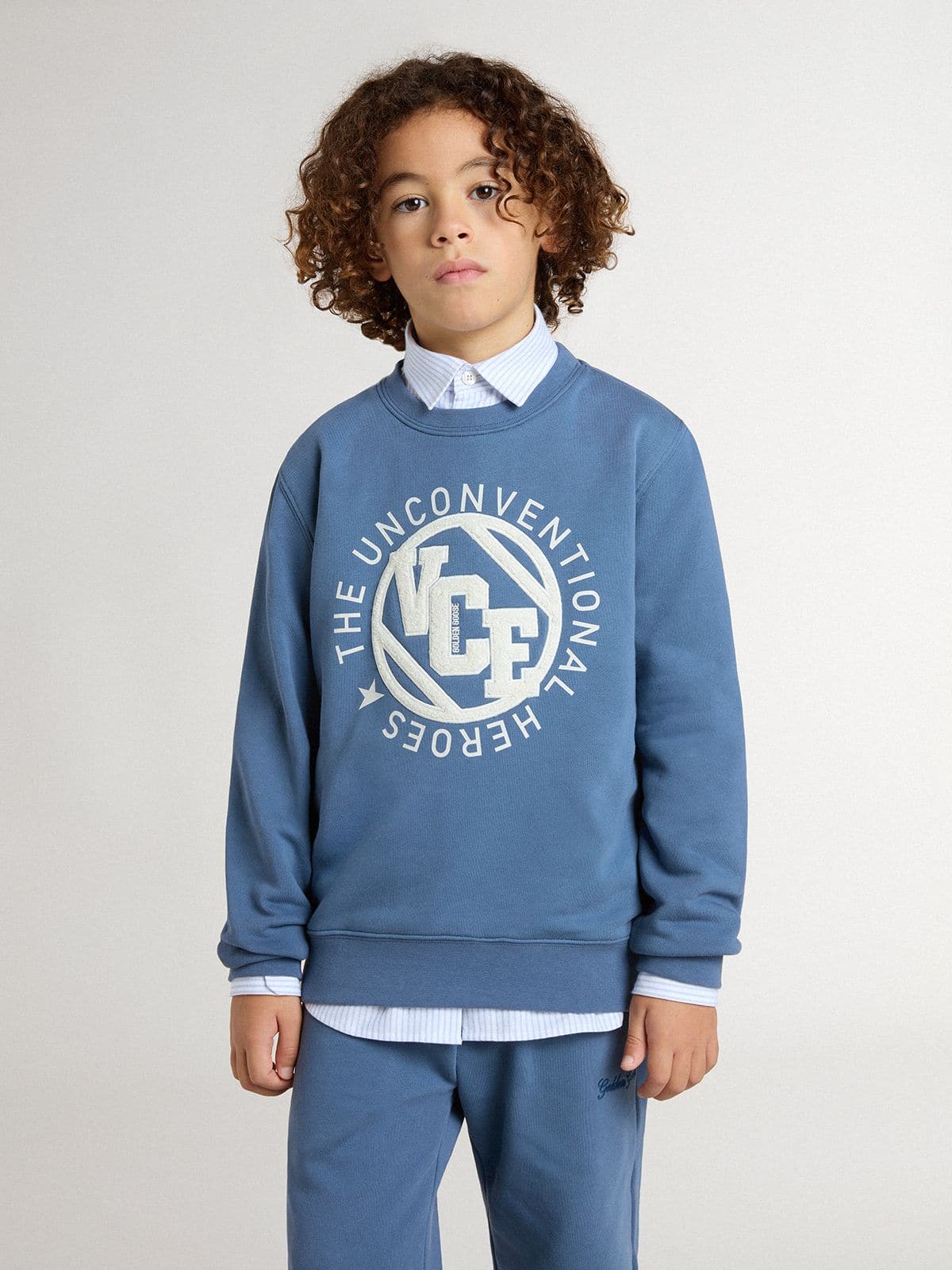 Kids’ blue sweatshirt with white embossed patches - Golden Goose Kids