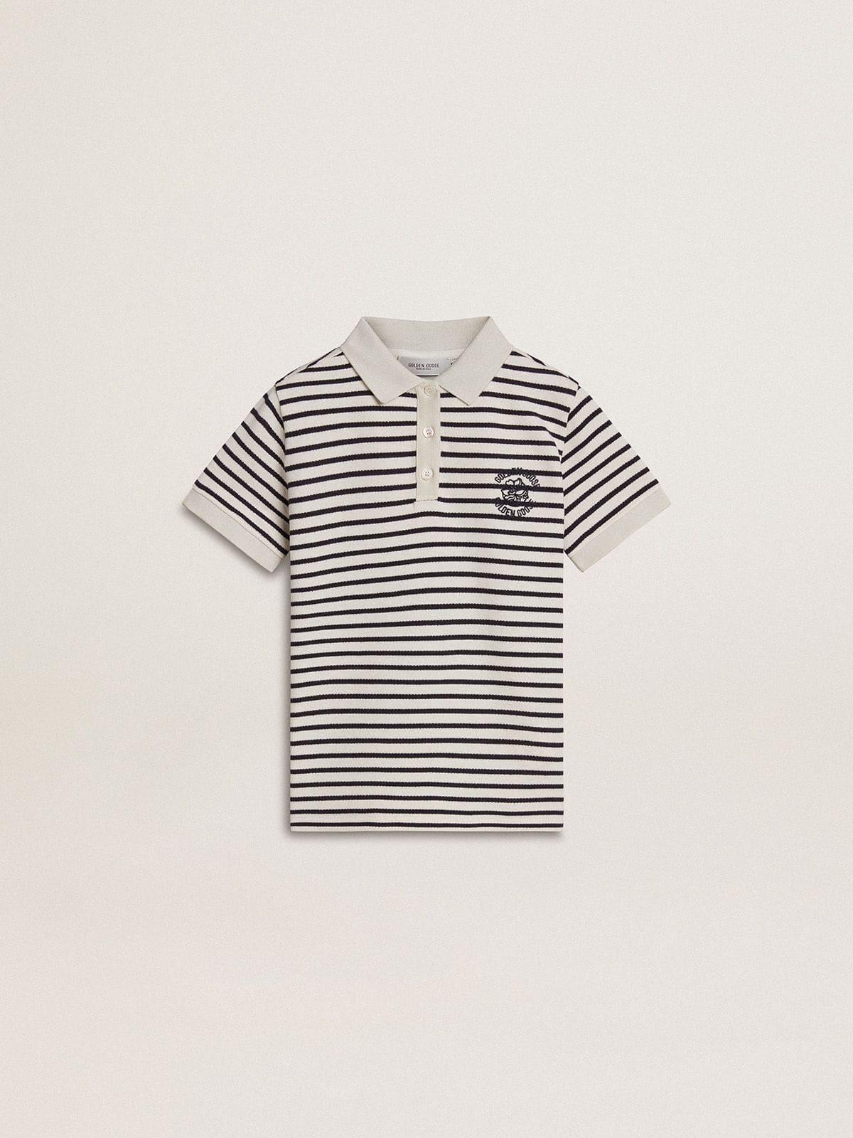 Boys' white cotton polo with navy blue stripes and embroidery - Golden Goose Kids