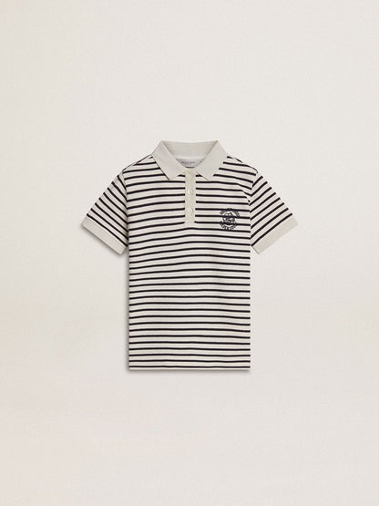 Boys' white cotton polo with navy blue stripes and embroidery - Golden Goose Kids