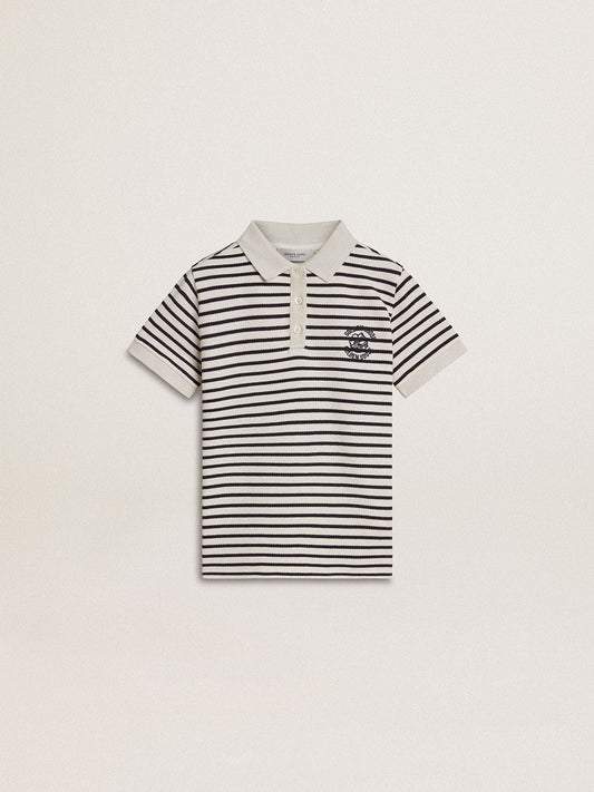 Boys' white cotton polo with navy blue stripes and embroidery - Golden Goose Kids