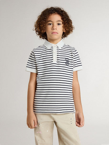 Boys' white cotton polo with navy blue stripes and embroidery - Golden Goose Kids