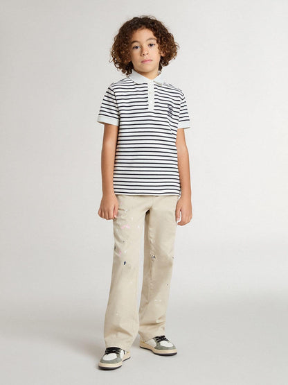 Boys' white cotton polo with navy blue stripes and embroidery - Golden Goose Kids