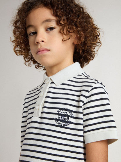 Boys' white cotton polo with navy blue stripes and embroidery - Golden Goose Kids