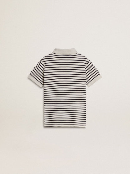 Boys' white cotton polo with navy blue stripes and embroidery - Golden Goose Kids
