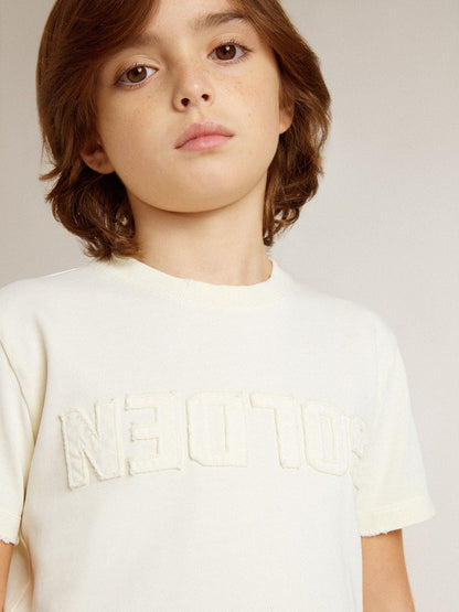 Boys' cream-colored T-shirt with raised logo - Golden Goose Kids