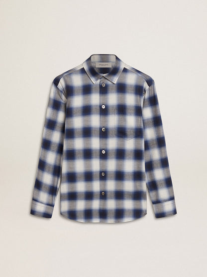 Boys' blue and white checked shirt with print on the back - Golden Goose Kids