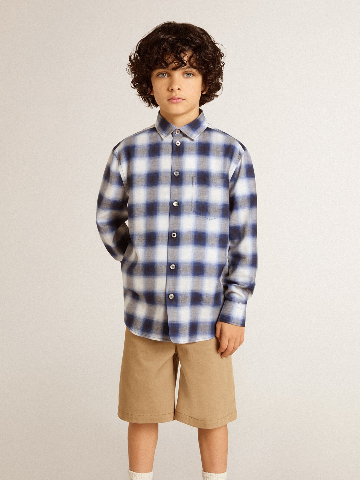 Boys' blue and white checked shirt with print on the back - Golden Goose Kids