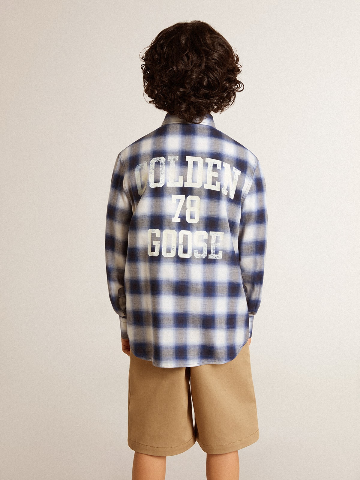 Boys' blue and white checked shirt with print on the back - Golden Goose Kids