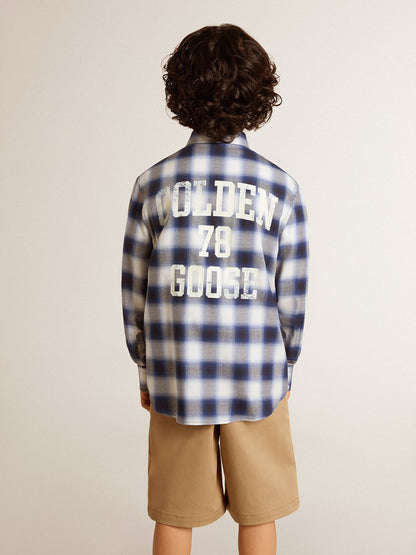 Boys' blue and white checked shirt with print on the back - Golden Goose Kids