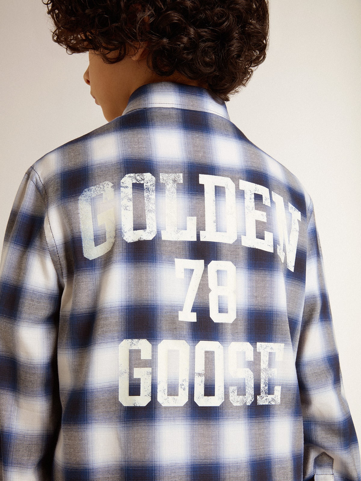 Boys' blue and white checked shirt with print on the back - Golden Goose Kids