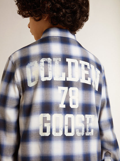 Boys' blue and white checked shirt with print on the back - Golden Goose Kids