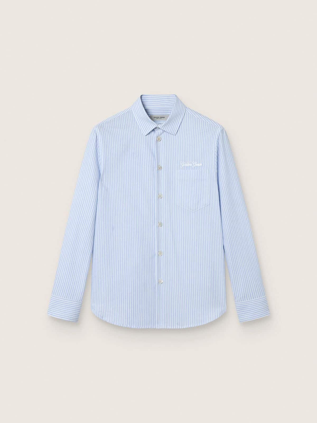 Boys' shirt in light blue and white striped cotton with embroidered logo - Golden Goose Kids