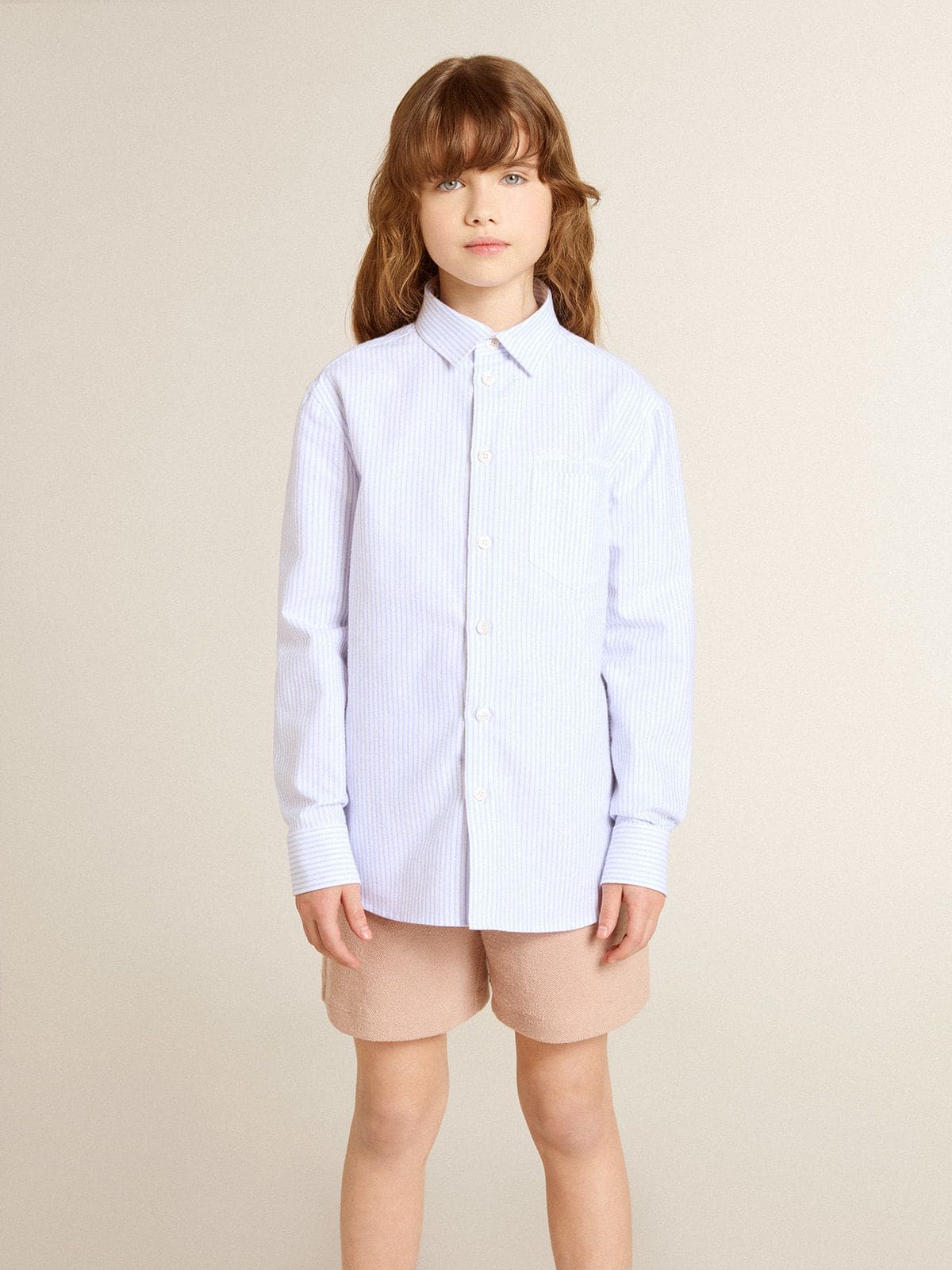 Boys' shirt in light blue and white striped cotton with embroidered logo - Golden Goose Kids