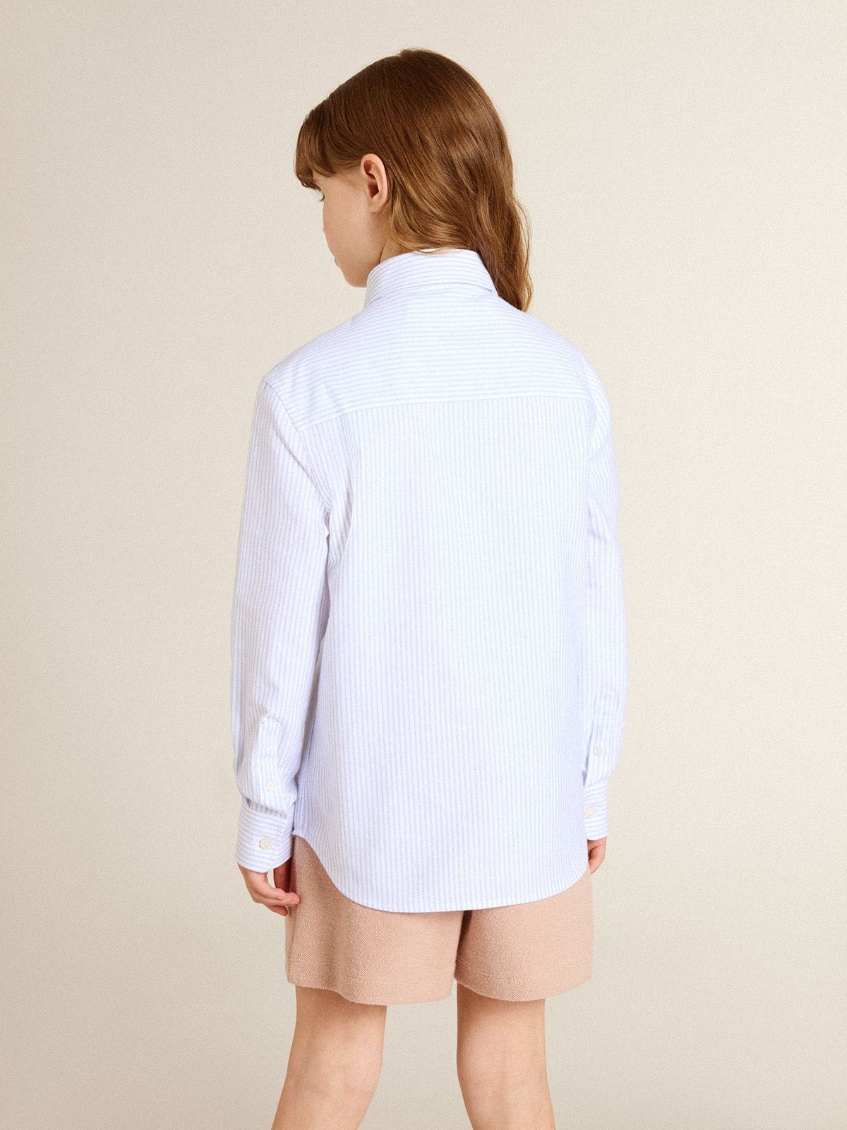 Boys' shirt in light blue and white striped cotton with embroidered logo - Golden Goose Kids