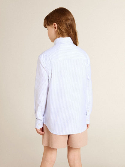 Boys' shirt in light blue and white striped cotton with embroidered logo - Golden Goose Kids