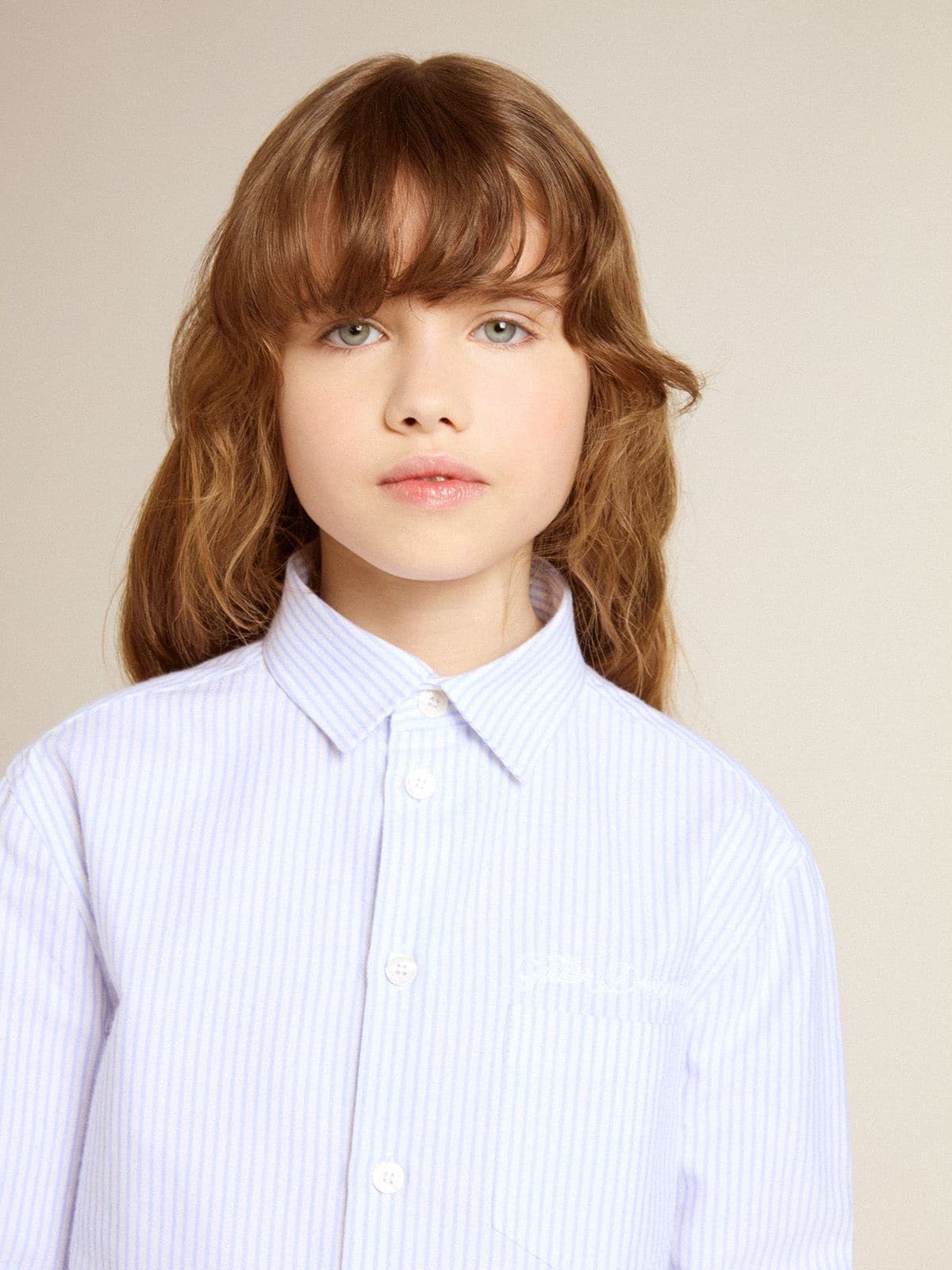 Boys' shirt in light blue and white striped cotton with embroidered logo - Golden Goose Kids