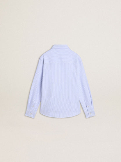 Boys' shirt in light blue and white striped cotton with embroidered logo - Golden Goose Kids