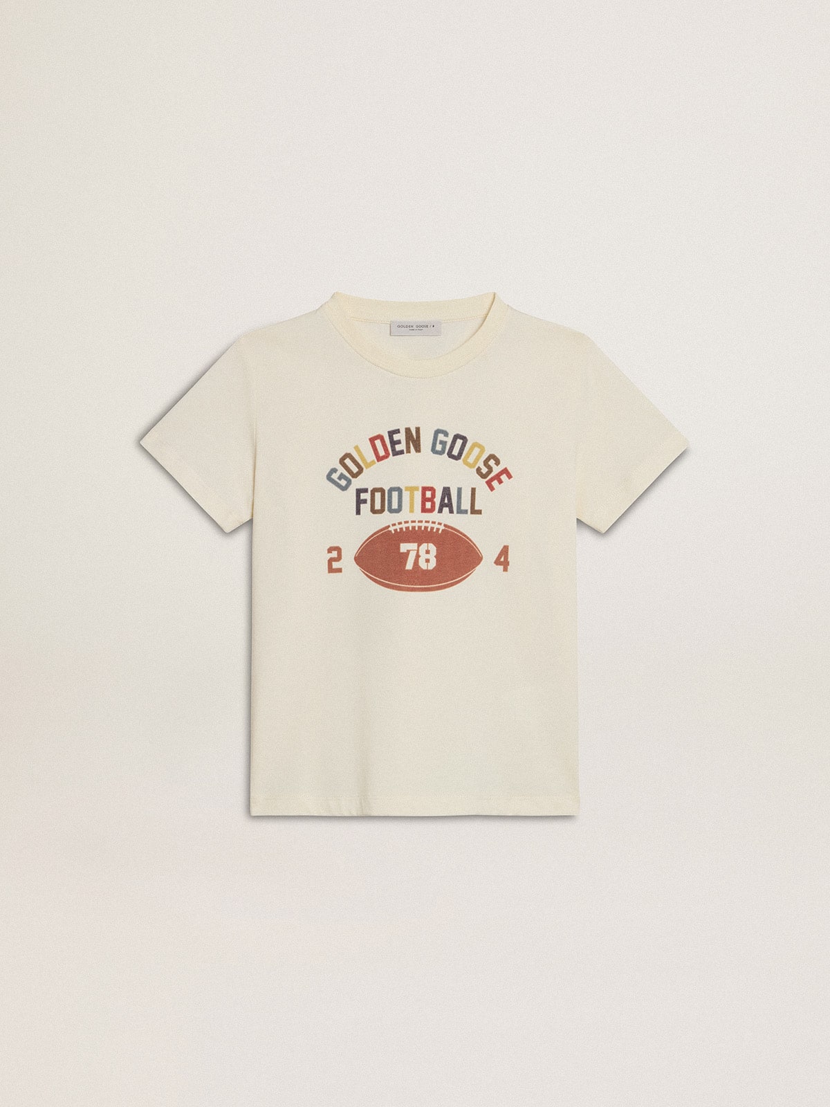 Boys’ T-shirt in worn white with multicolor lettering - Golden Goose Kids