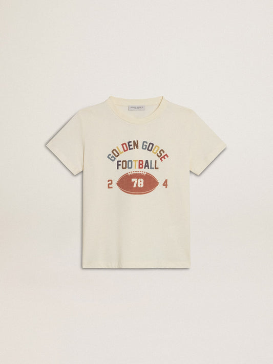 Boys’ T-shirt in worn white with multicolor lettering - Golden Goose Kids