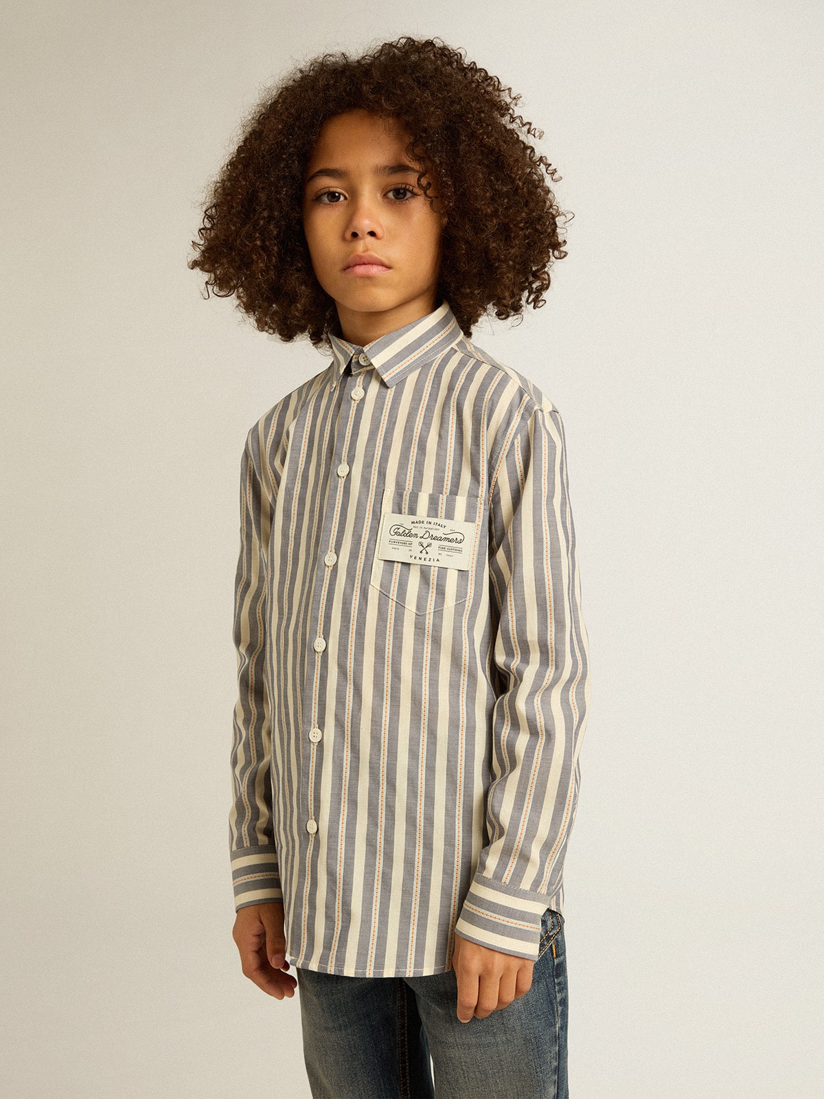 Boys' striped shirt with Golden Dreamers detail on the pocket - Golden Goose Kids