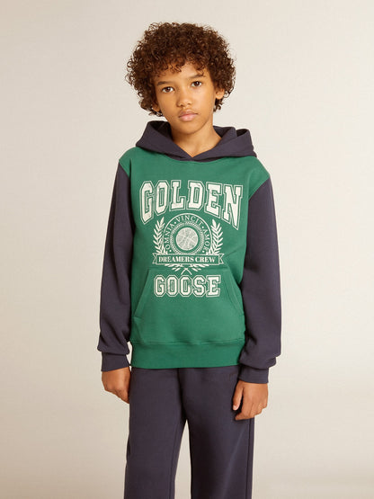 Boys' green and blue sweatshirt with hood and print - Golden Goose Kids