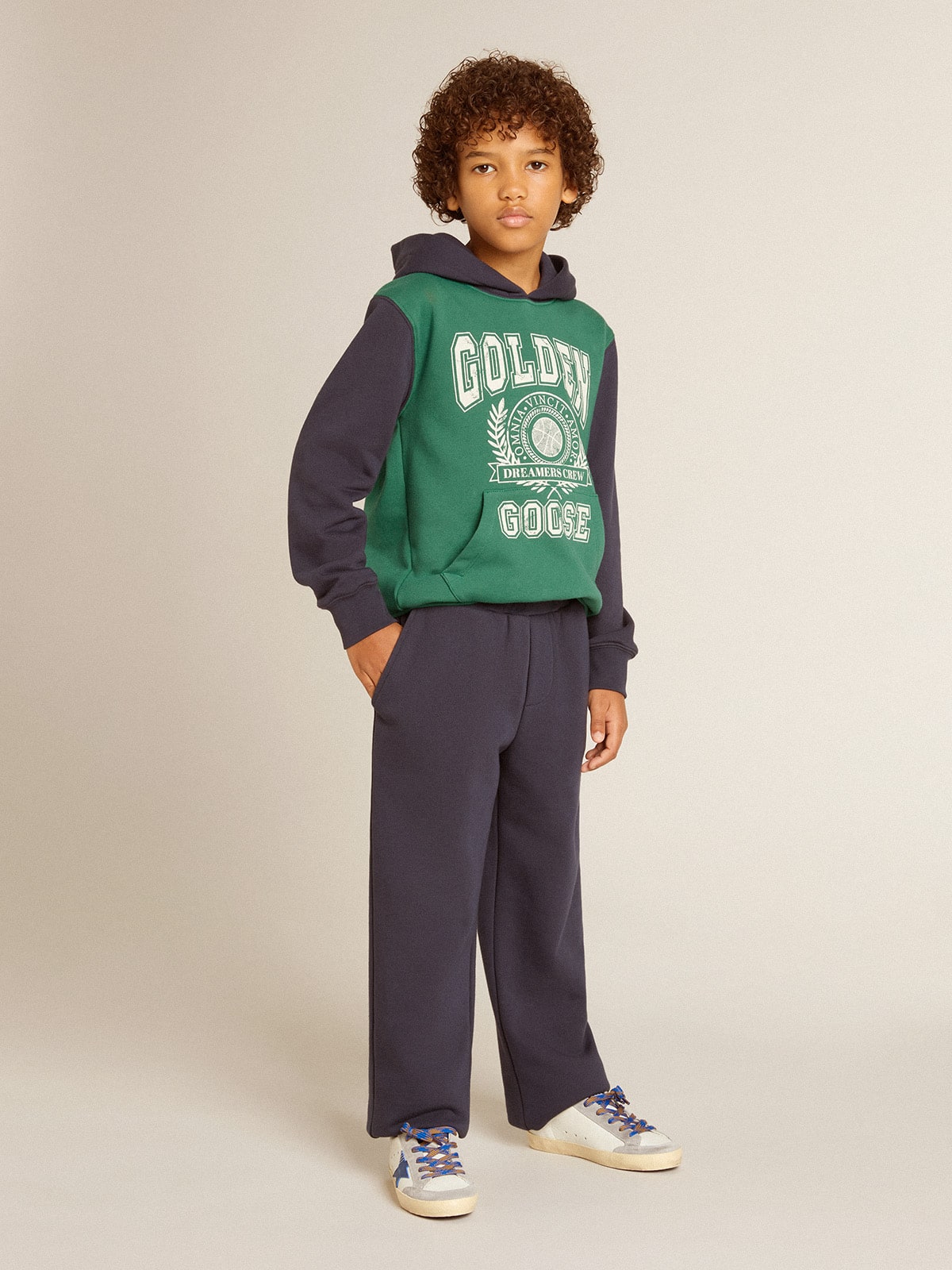Boys' green and blue sweatshirt with hood and print - Golden Goose Kids