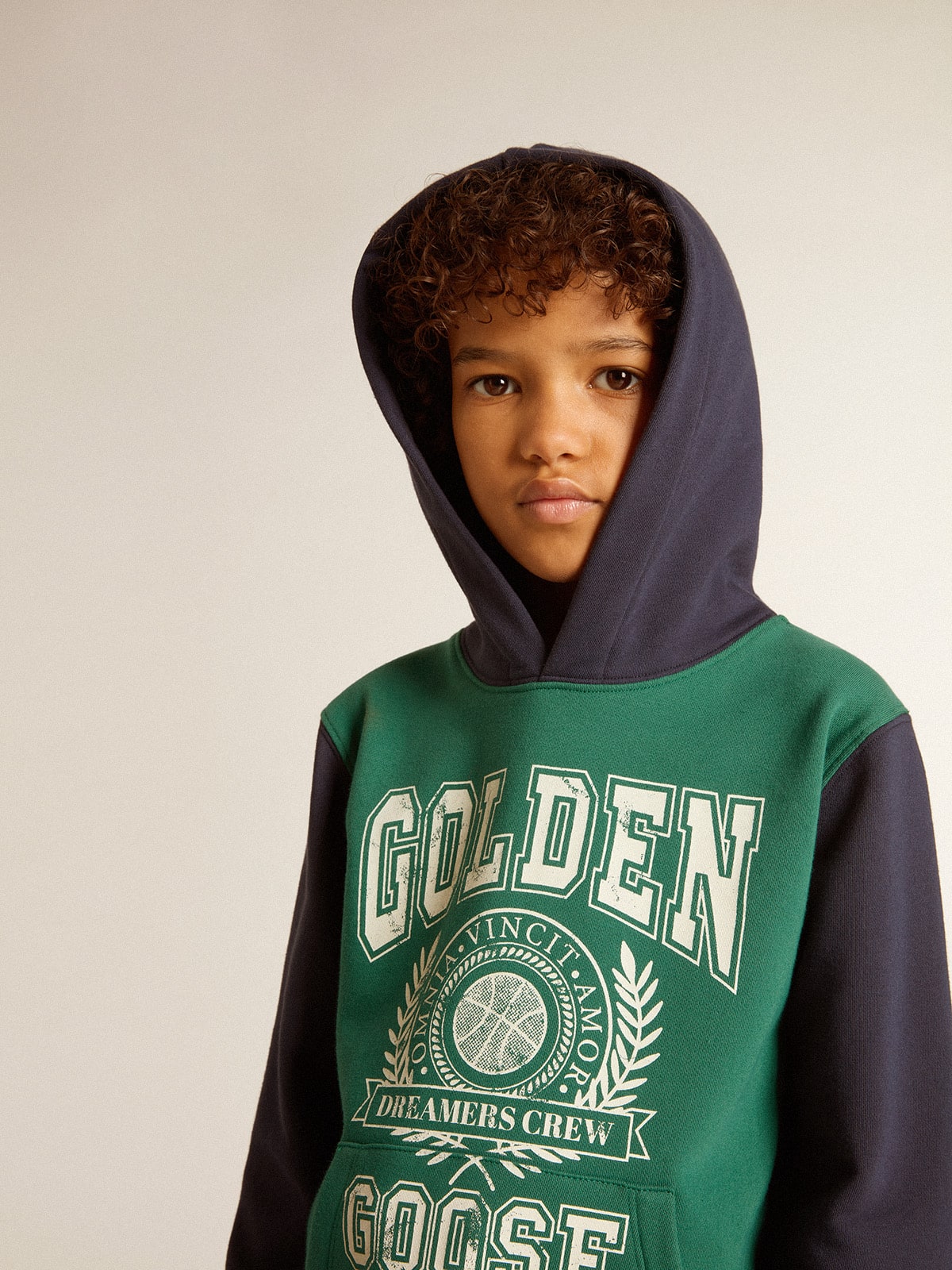 Boys' green and blue sweatshirt with hood and print - Golden Goose Kids