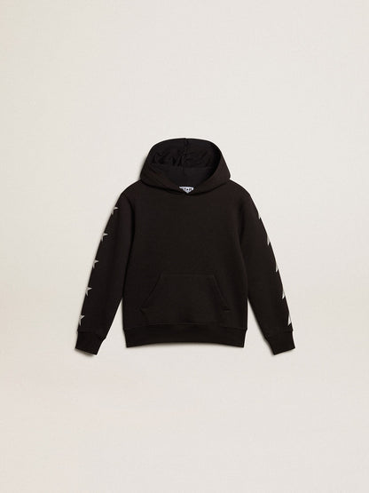 Boys’ hooded sweatshirt in black with contrasting silver stars - Golden Goose Kids
