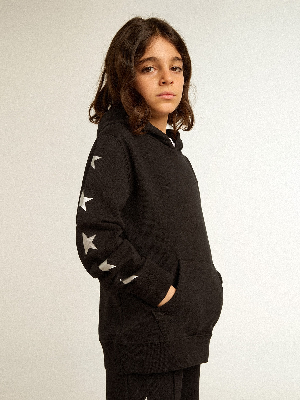 Boys’ hooded sweatshirt in black with contrasting silver stars - Golden Goose Kids