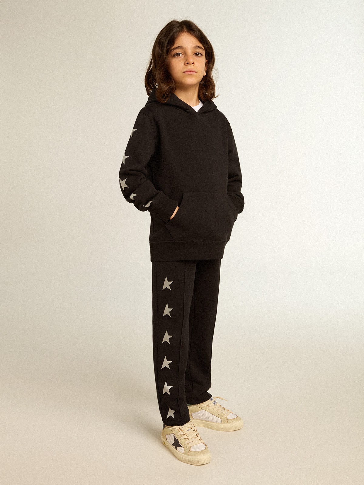 Boys’ hooded sweatshirt in black with contrasting silver stars - Golden Goose Kids