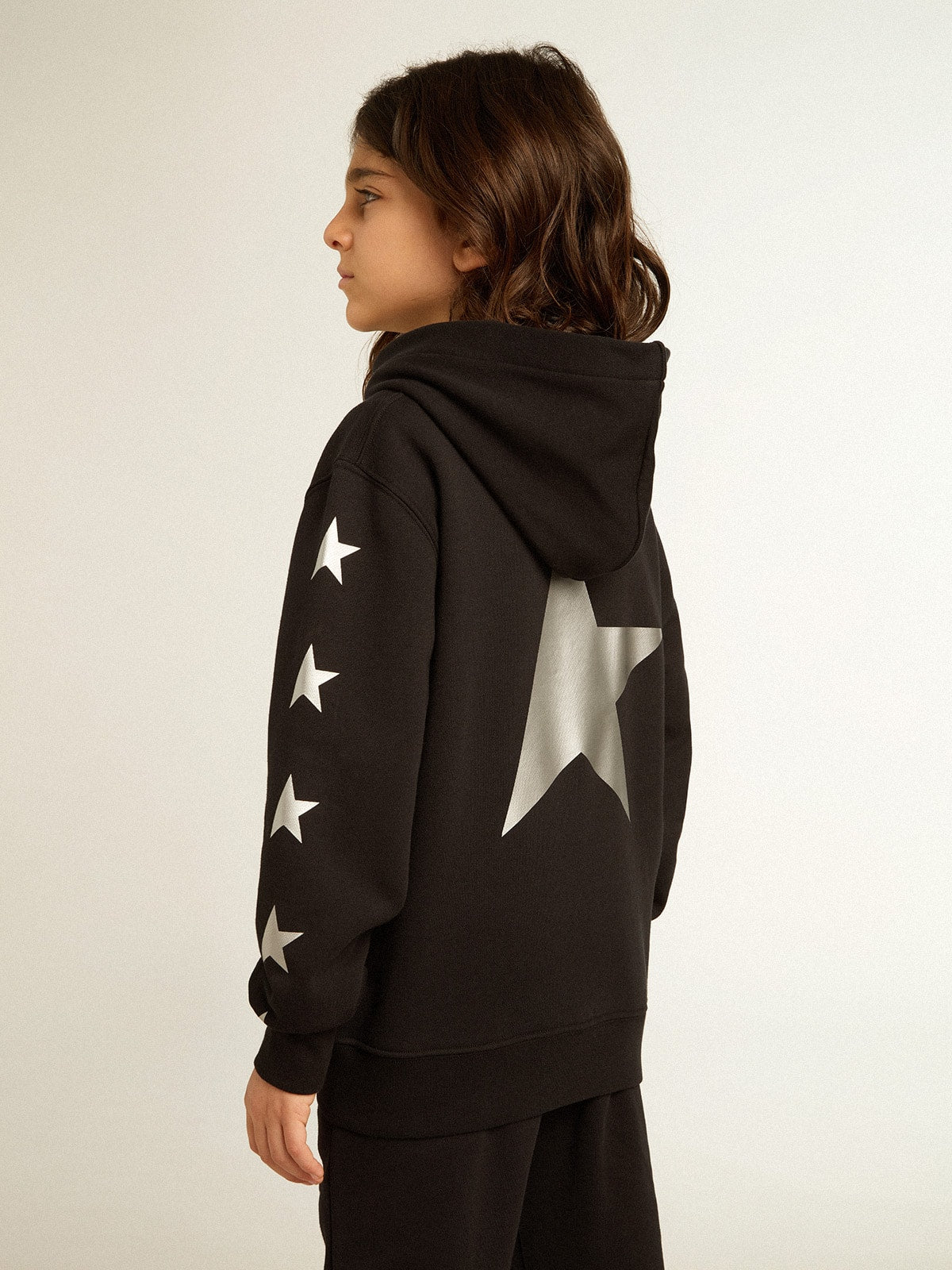 Boys’ hooded sweatshirt in black with contrasting silver stars - Golden Goose Kids