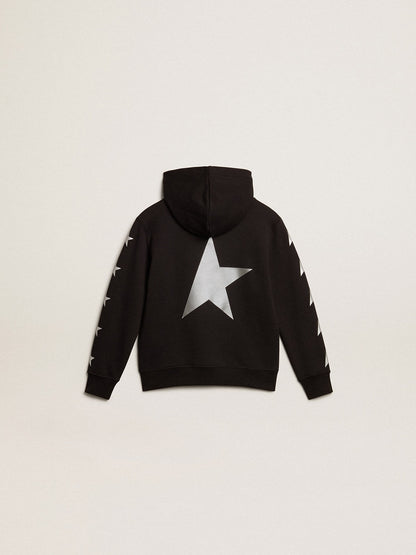 Boys’ hooded sweatshirt in black with contrasting silver stars - Golden Goose Kids