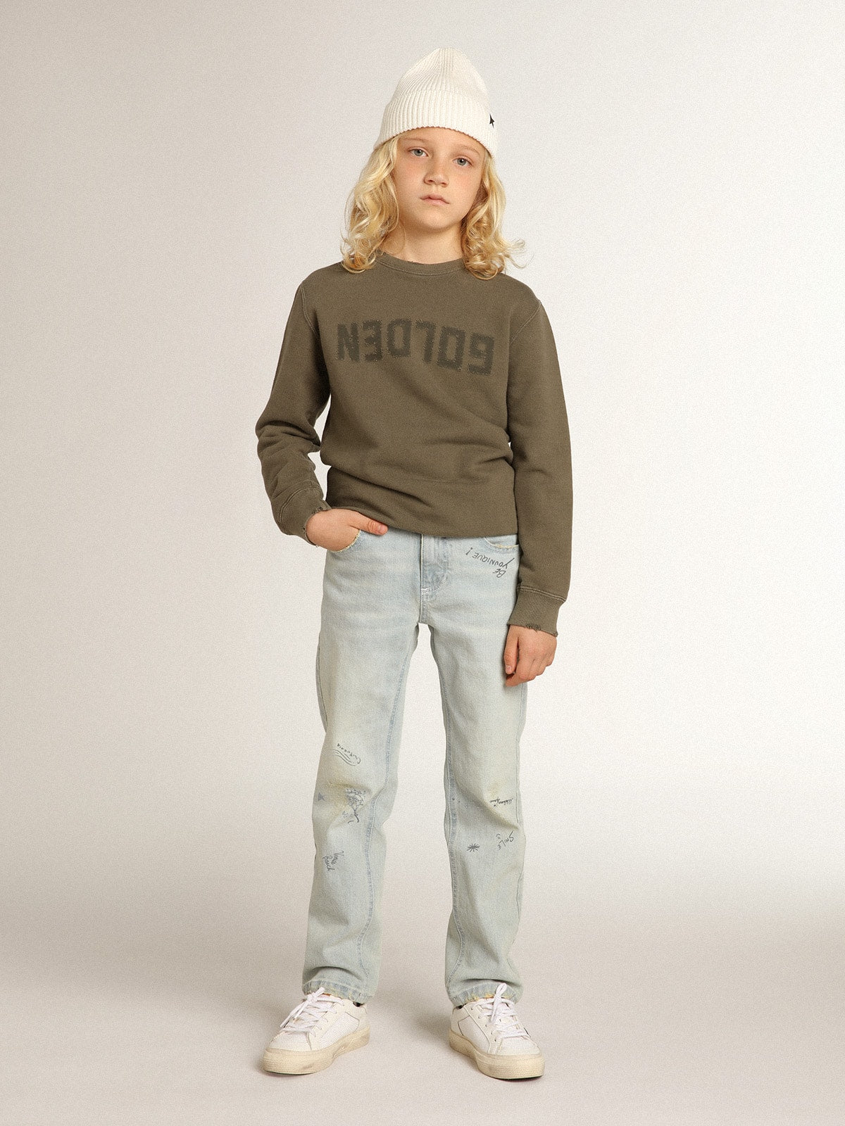 Distressed olive-green sweatshirt with Golden lettering on the front - Golden Goose Kids