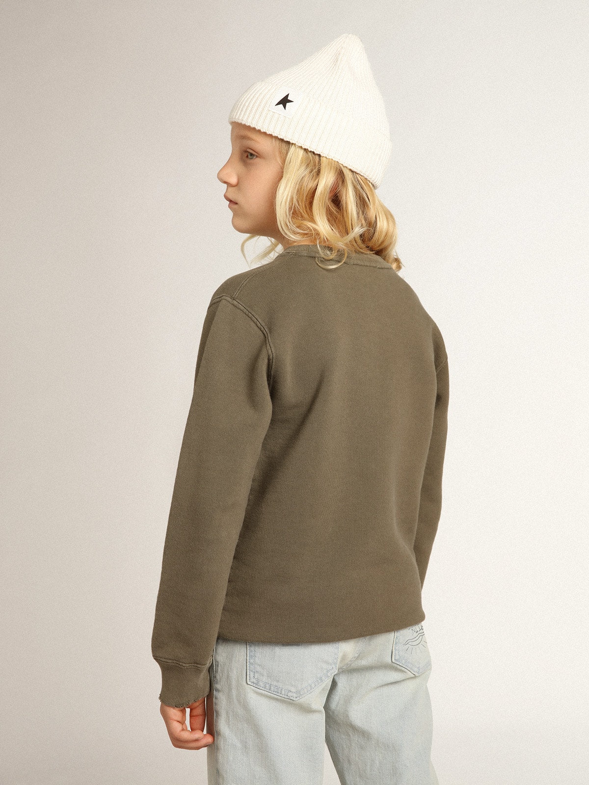 Distressed olive-green sweatshirt with Golden lettering on the front - Golden Goose Kids
