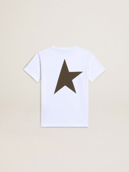 Boys' white T-shirt with contrasting dark green logo and star - Golden Goose Kids