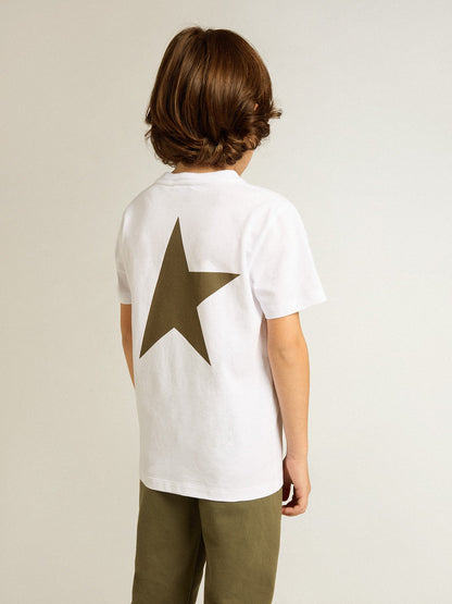 Boys' white T-shirt with contrasting dark green logo and star - Golden Goose Kids